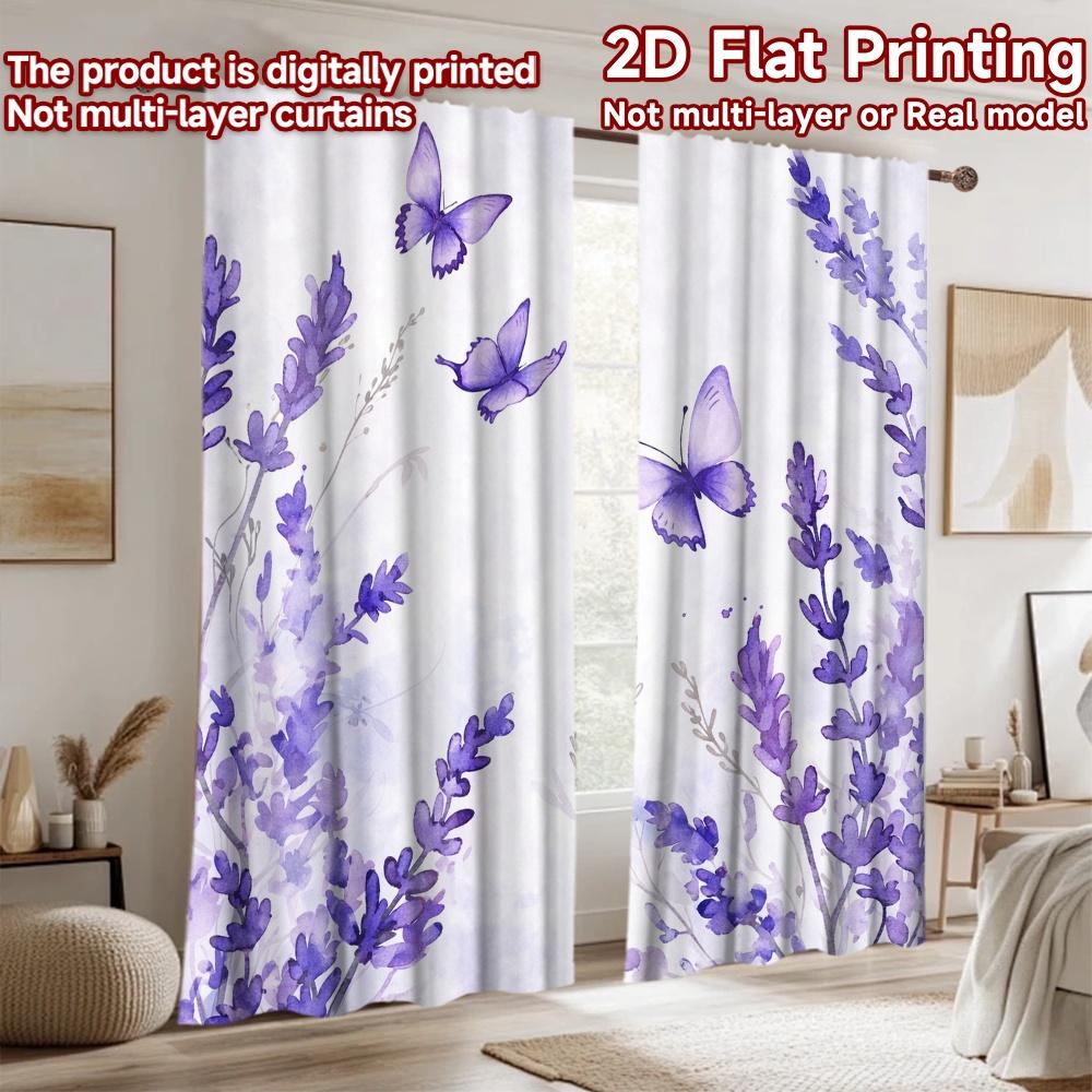 2D flat printing 2pcs Curtain Window Treatment Curtains Lavender Blooms and Butterflies Digital Printed Polyester Drapes Party