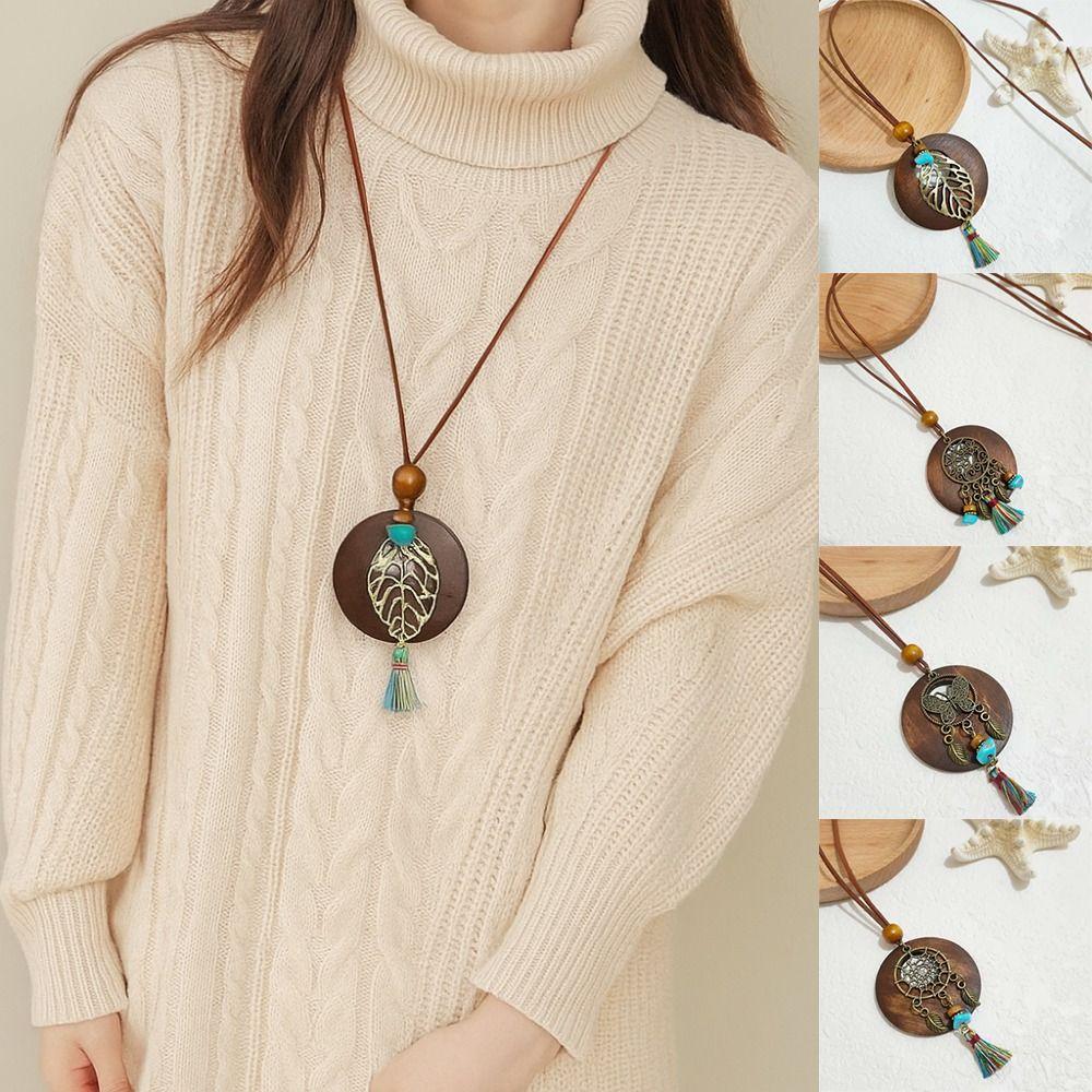 Round Sweater Chain Wooden Necklace Female Jewelry Vintage Leather Lanyard