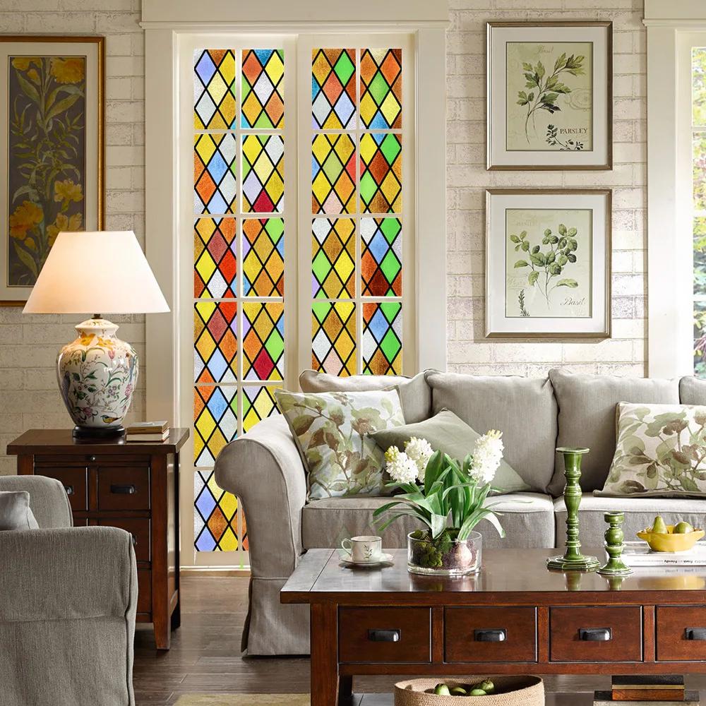 Colorful Stained Glass Window Film Retro Flowers Pattern Non-adhesive Window Decals Static Clings Non-Adhesive Window Stickers