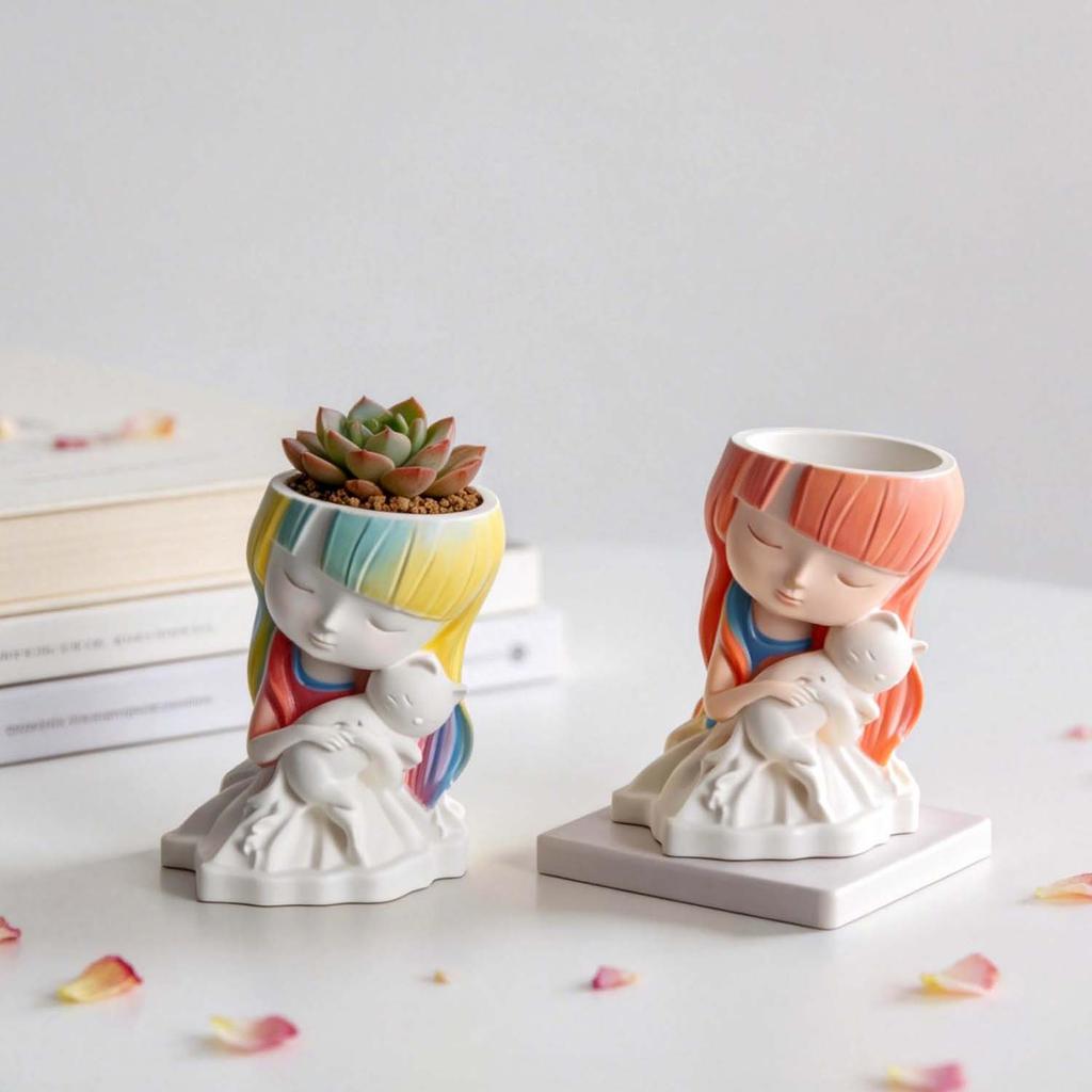 Cute Cat Hugging Girl Flower Pot 3D Silicone Mold for DIY Handmade Crafts Epoxy Resin Candle Plaster Crystal Making Home Decor