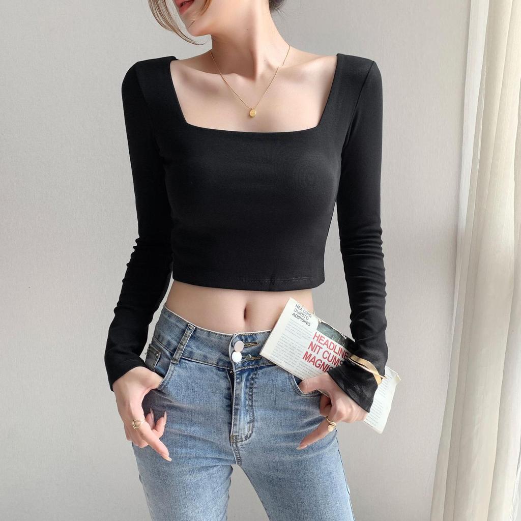 Square-Collar Women's Top: Autumn/Winter, Long Sleeve, Versatile, Cropped, Exposed Midriff, New Style