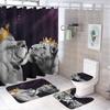 Rustic African Lion 4 Pcs Waterproof Shower Curtain Set,Summer Tropical Jungle Wildlife Lion Father and Son with Waterproof Toilet Cover Shower Mat