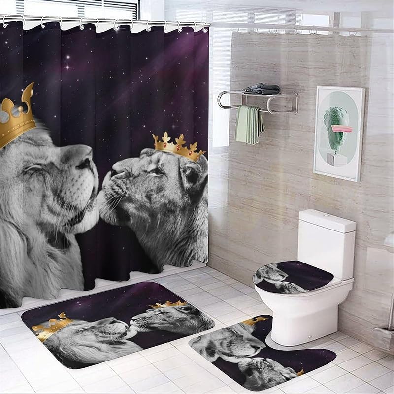 Rustic African Lion 4 Pcs Waterproof Shower Curtain Set,Summer Tropical Jungle Wildlife Lion Father and Son with Waterproof Toilet Cover Shower Mat