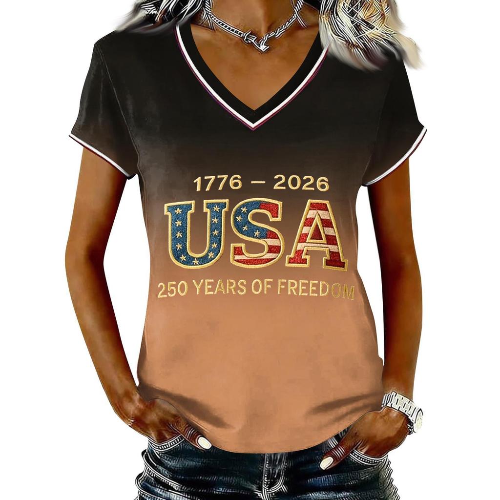 Women Casual V Neck Short Sleeve Pullover T Shirt Gradient Print USA Independence Day Graphic Top