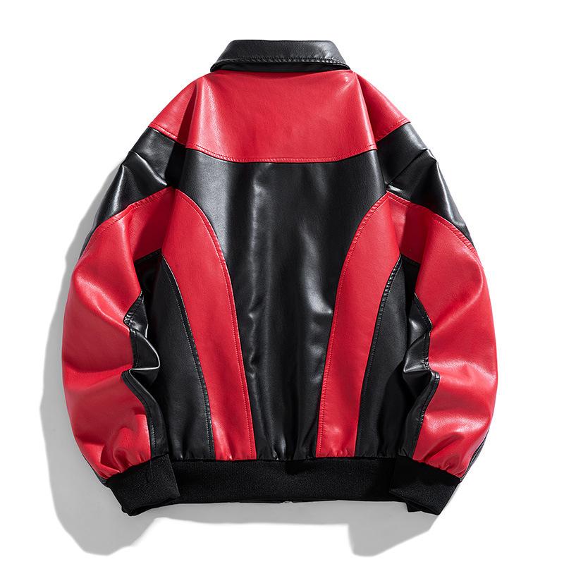 Retro locomotive men's color matching autumn and winter black and red color matching lapel black and white jacket leather jacket style recommended for