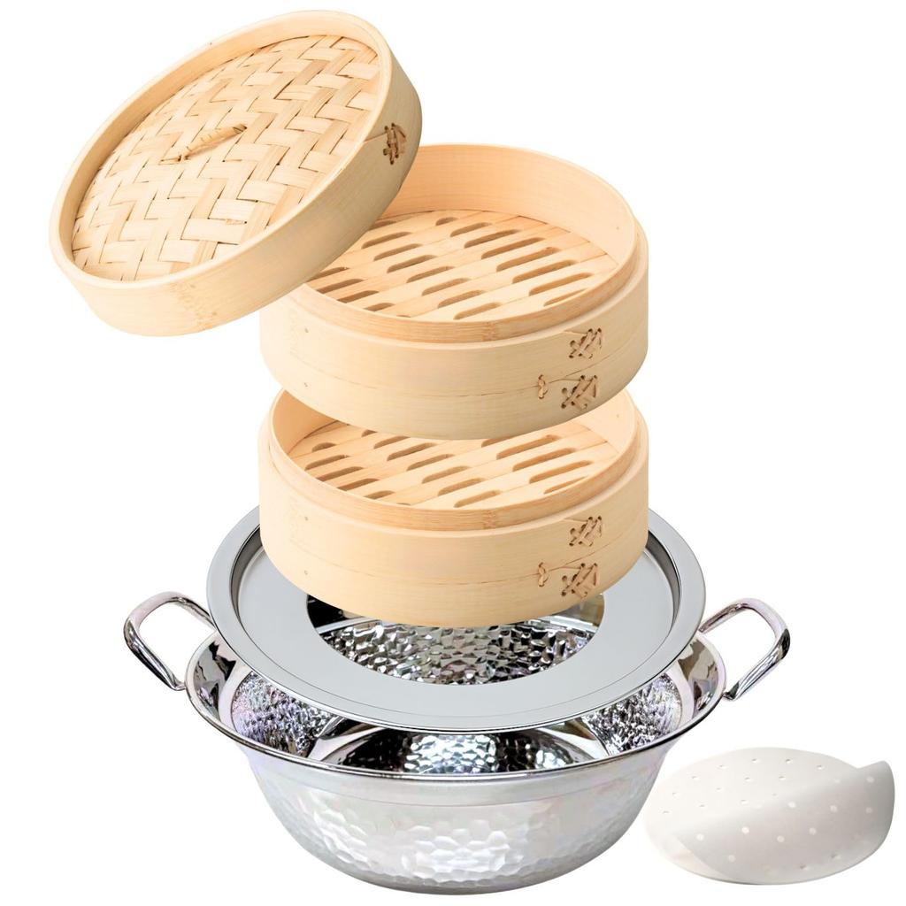 Hist Bamboo Steamer Lid 2 with Steaming Stand and Stainless Steel Pot Chinese 20 Steaming Sheets Home Commercial Use Steaming Plate Set, 18cm, 2-Tier