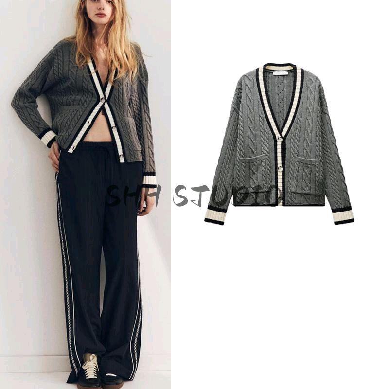 Spring New Women's Clothing Fashion Style Easiest for Match V-neck with Trim Long Sleeves Knitting Jacket Outwear 6771002