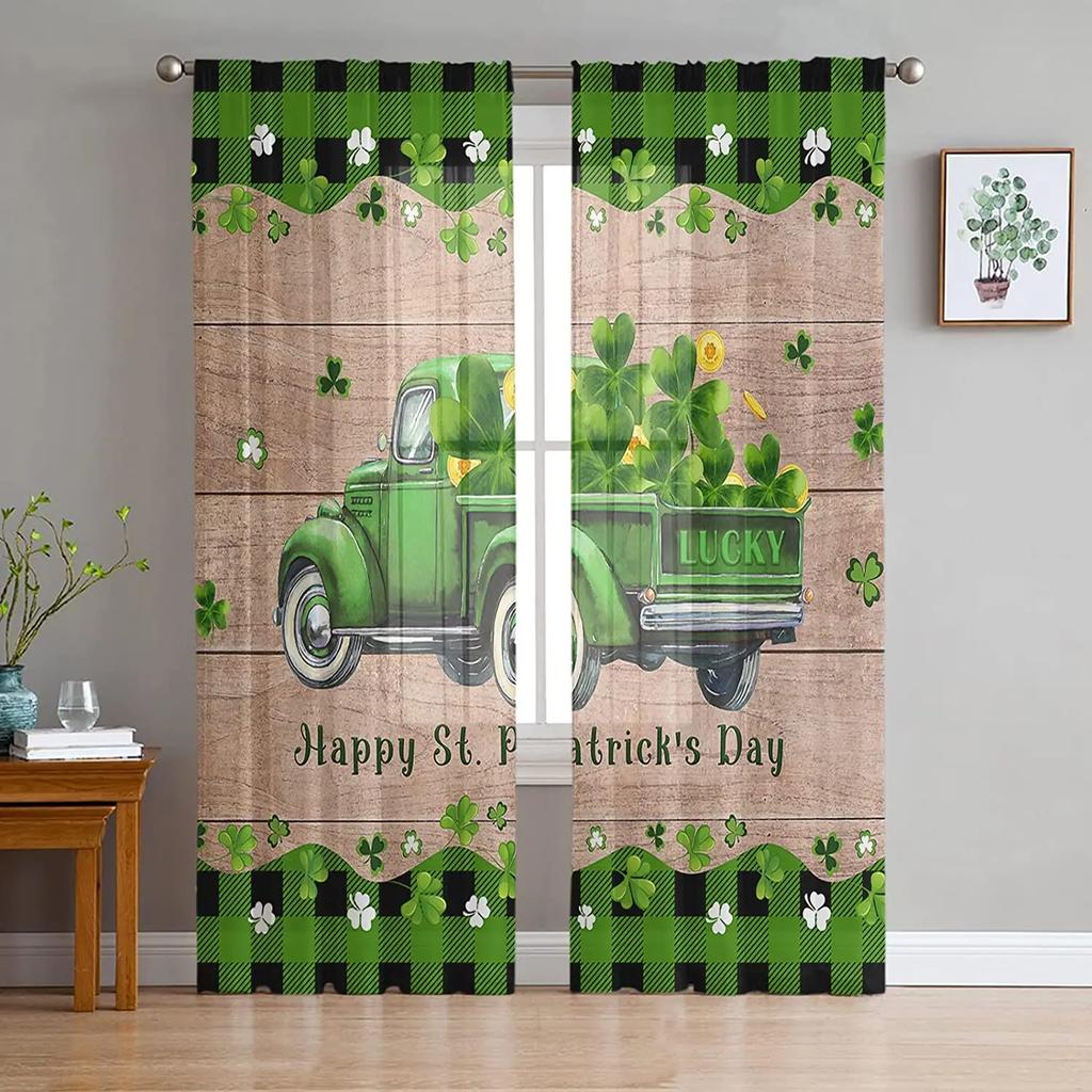 St Patrick Day Curtains Shamrocks Gold Beer Hat Voile Curtain Green Lucky Leaves Window Drapes Bedroom Living Room Sheer For Area Made Of Polyester