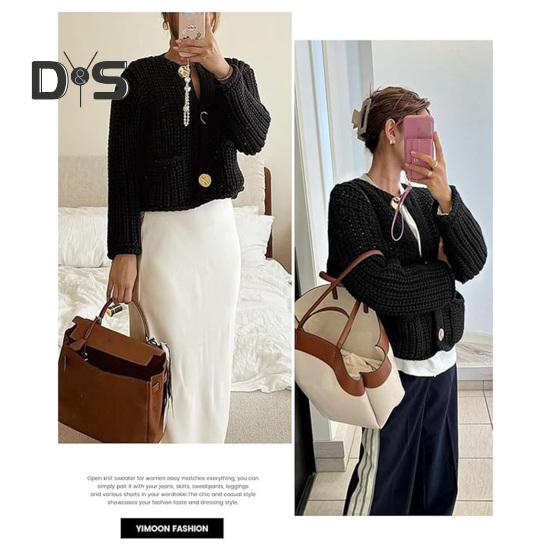 Knit Cropped Cardigan Sweater V-Neck Long Sleeve Buttons Down Loose Fit Sweater Coat with Pockets Solid Color Knitwear