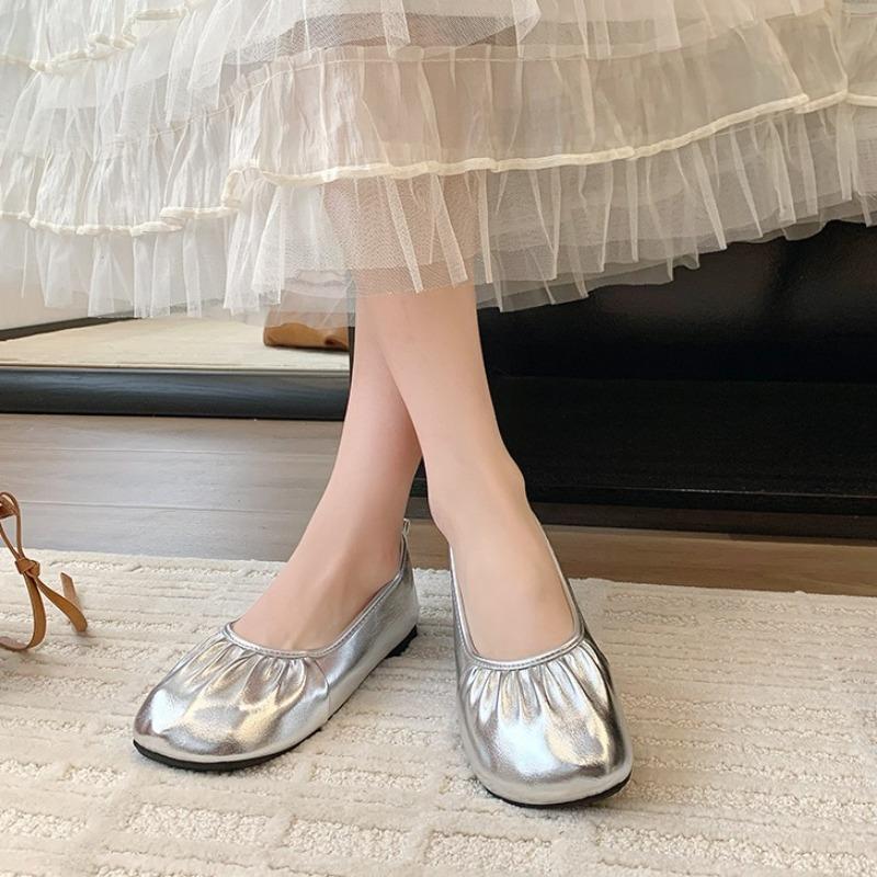 Pleated Shallow-mouth Shoes for Women New Round-toed Four-season Mary Jane Soft Flat-soled Slip-on Low-top Shoes