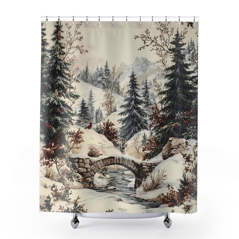 

Mountain Scene Christmas Shower Curtain With Winter Evergreens & Cardinal, Aesthetic Nature Decor For Bathroom Refresh Holiday W60H190(CM)-1 Pcs