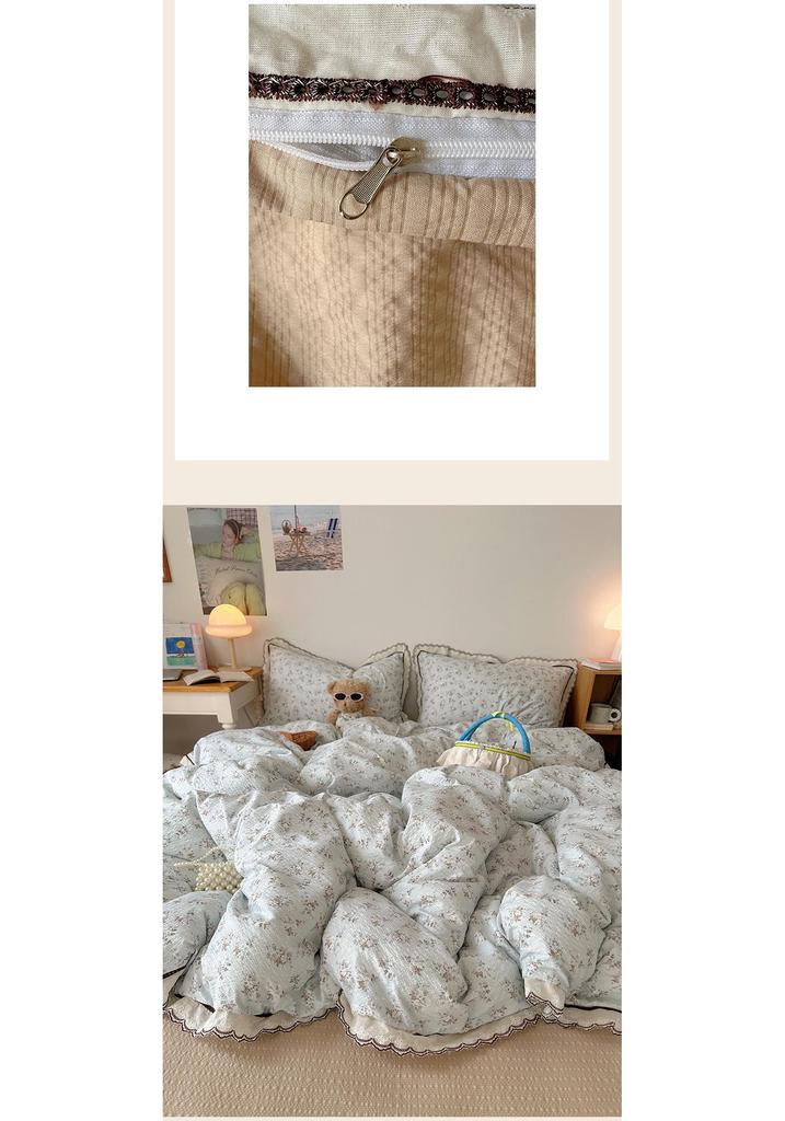 Korean French Style Hollow Lace Puff Cotton Bedding Set, Girly Duvet Cover - Available As 4-Piece or 3-Piece Set