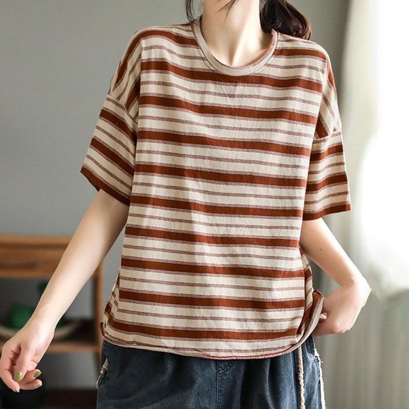 T-shirt for Women Summer Large Size Cotton T-shirt Soft Loose Printed Casual Striped Pullover T-shirt Top