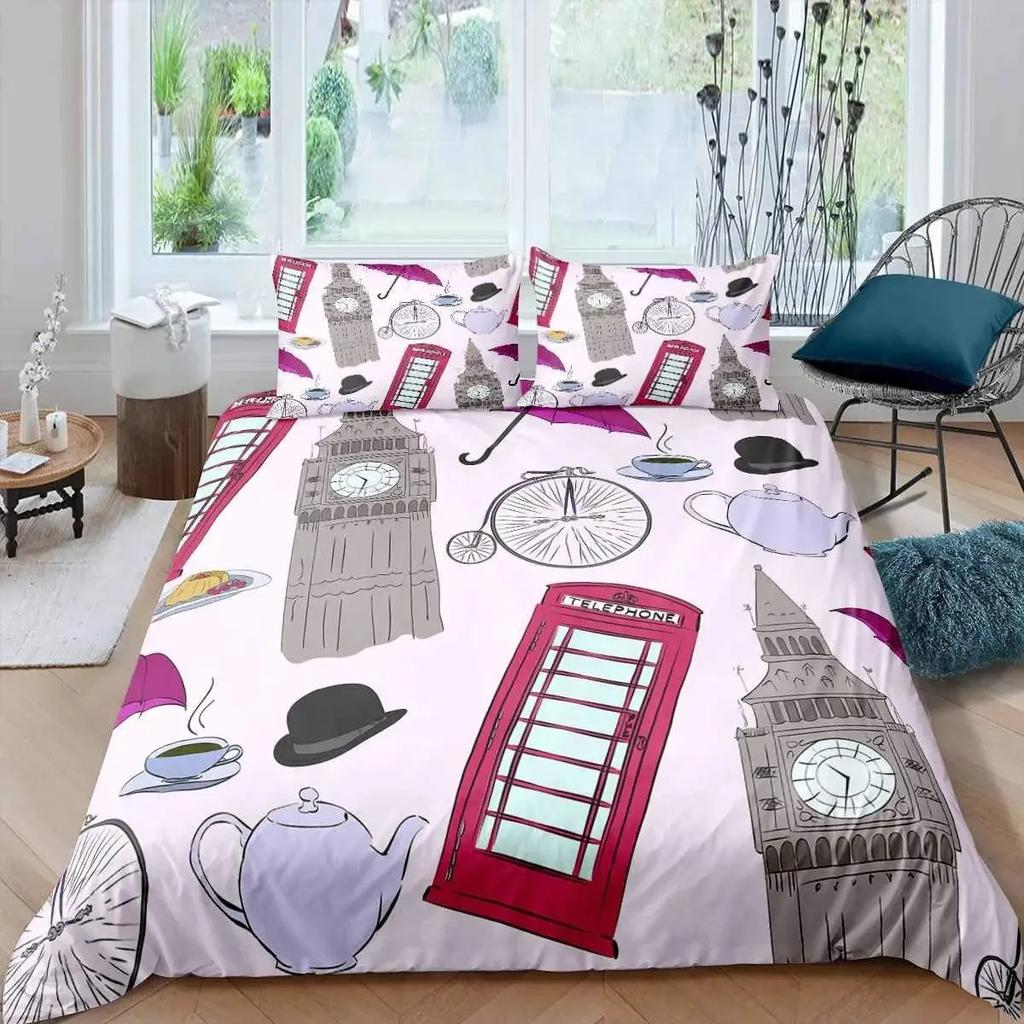 Big Ben Comforter Cover Boys Famous Telephone Booth Bedding Set for Teens Retro London Cityscape Duvet Cover Set with Pillowcase