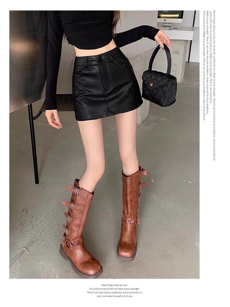 PU Leather High Waist A-Line Skirt - Plus Size, Korean Style, Autumn/Winter Women's Fashion, Hot Girl Trendy Slimming Wrap Midi Skirt