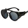 1915 Punk Style Round Frame Sunglasses with Leather Inlay and Double Bridge - Unisex European and American Fashion