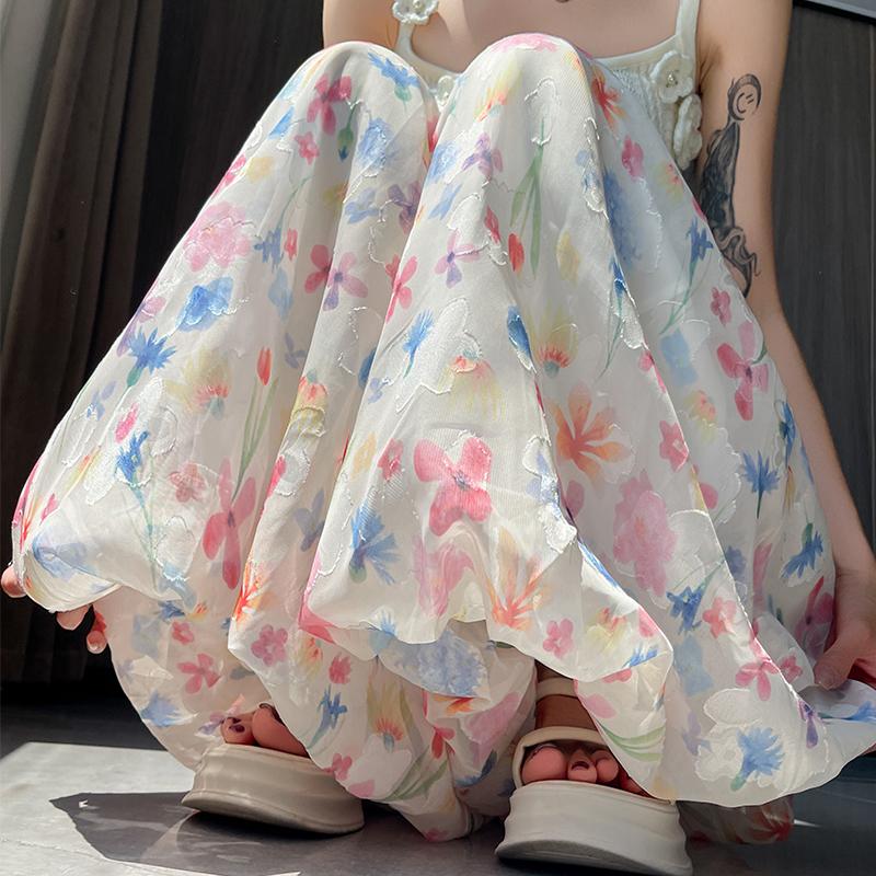 Letní dámské potištěné tenké kalhoty s vysokým pasem a širokými nohavicemi ke kotníkům, kalhoty-sukně s kapsou pro hiphopovou dívku