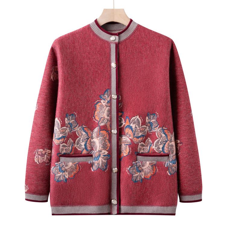 Middle-aged and Elderly People Plus Velvet Warm Sweater Grandma Autumn and Winter Sweater Cardigan Mother Padded Coat New