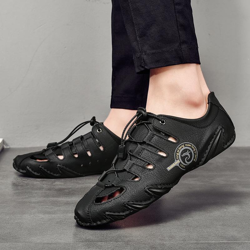 Large Size Beach Sandals Hole Shoes Men's Shoe Leather 2021 Summer Breathable Trend Hollow Casual Leather Shoes