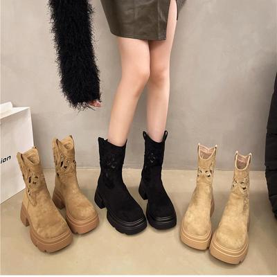 Women's Plus Size Western Cowboy Snow Boots Casual Middle Tube Flat Bottomed Heel Hollowed Out Martin Boot Knight Shoes 35-42