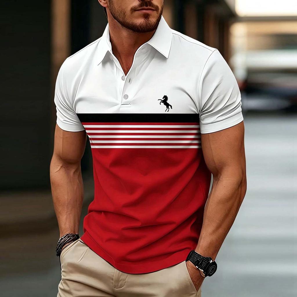 Men's Short Sleeve Polo Shirt Striped Design Button Collar Slim Fit Casual Wear Suitable for Daily and Outdoor Activities