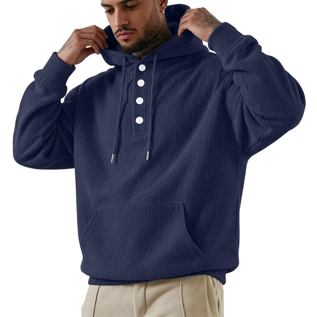 Sweat à capuche en velours côtelé pour homme, coupe ample, grandes poches, quatre boutons et, Sweatshirt décontracté de couleur