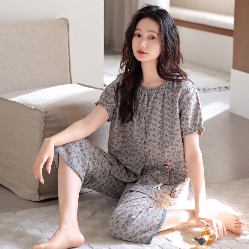 

Pajamas women s summer cotton short-sleeved cropped pants loungewear summer thin cotton middle-aged mother large-size suit xxxl recommended 80-90kg