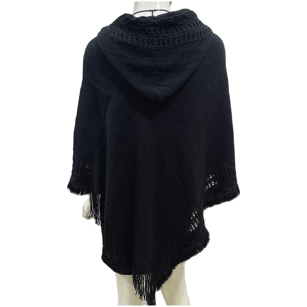 2023 Women's Solid Color Hooded Tassel Cutout Plus Size Slimming Cape Shawl