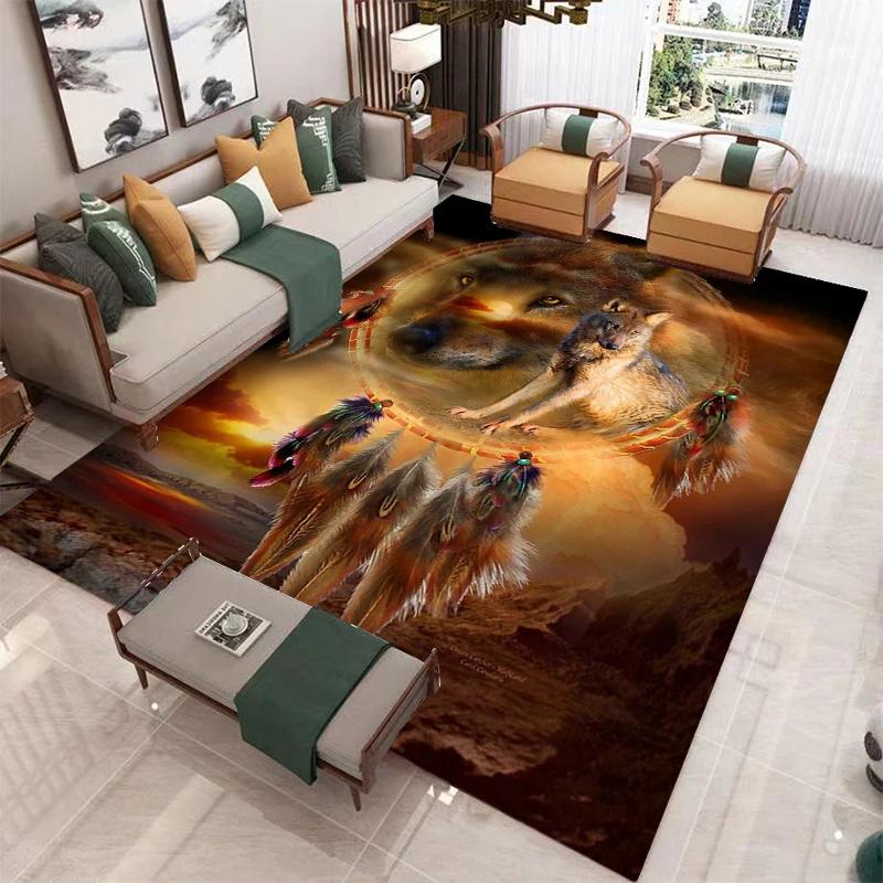 Wolf Carpet Wild Animal Doormat Bohemia Style Dreamcatcher Area Rug for Living Room Bathroom Decor Woodland Wildlife Floor Mat