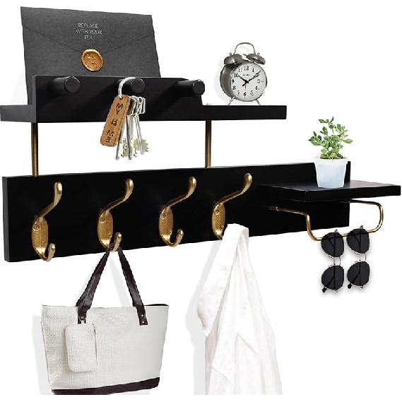 Coat Rack Wall Mount with Shelf, 4 in 1 Wood Coat Hooks with Key and Mail Holder, 17 Inch Entryway Hanging Shelf with Sunglasses Holder and 4 Metal