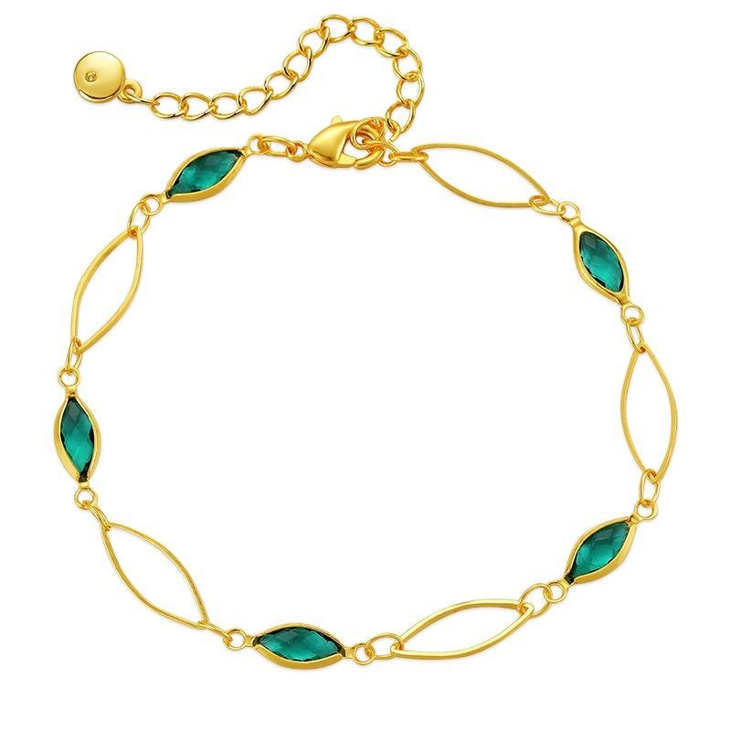 Women Gold Plated Green Glass Diamond Hollow Chain Handmade Bracelet