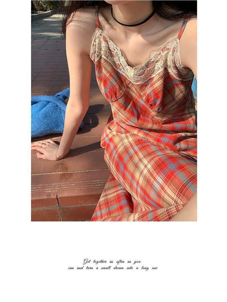 Lined French Lace Plaid One-Shoulder Camisole Dress with Cinched Waist for Women