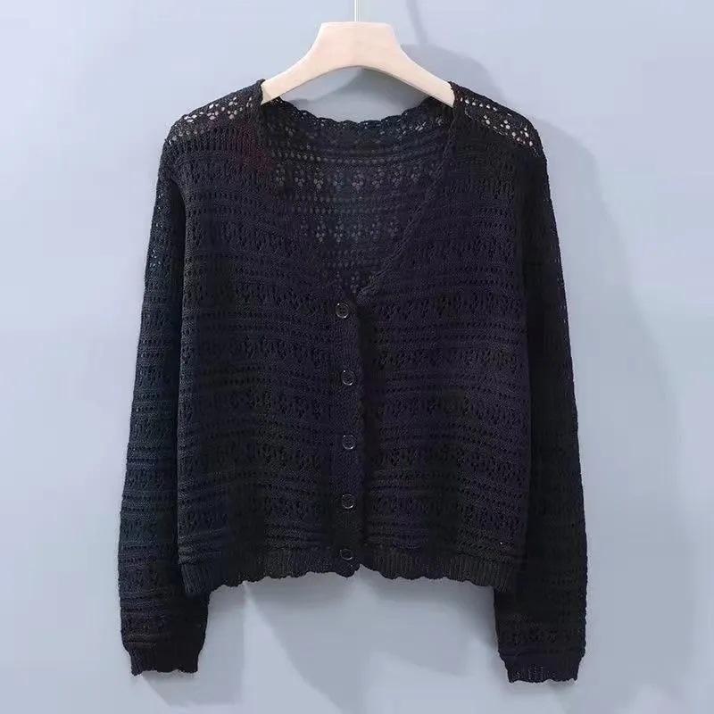 2025 women's summer hollow air-conditioning shirt, fresh candy color v-neck knitted cardigan, light and breathable long-sleeved sunscreen shirt