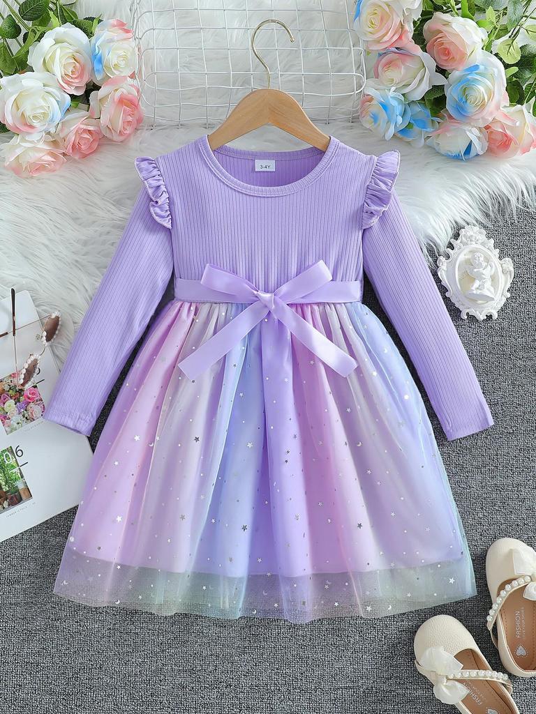 Herbst 2025 Langarm-Netzkleid mit Schleife für Baby-Mädchen