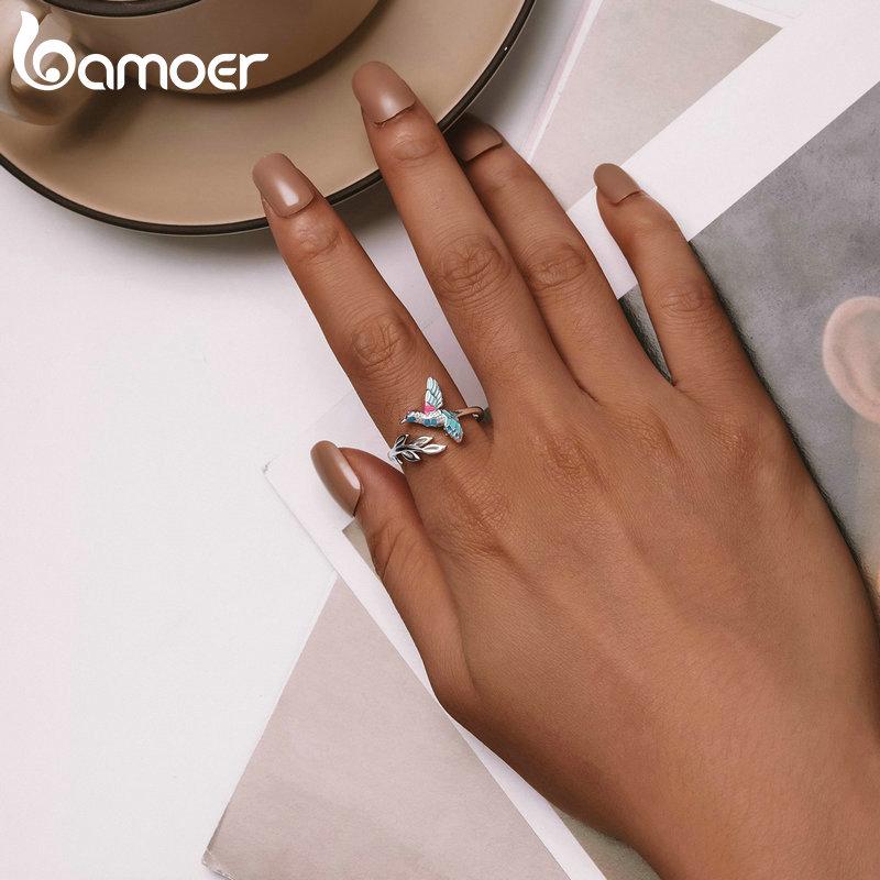 Inel de deschidere Kingfisher din argint Sterling 925 BAMOER Inel reglabil cu pasăre emailat colorat pentru femei, cadou de bijuterii fine de petrecere