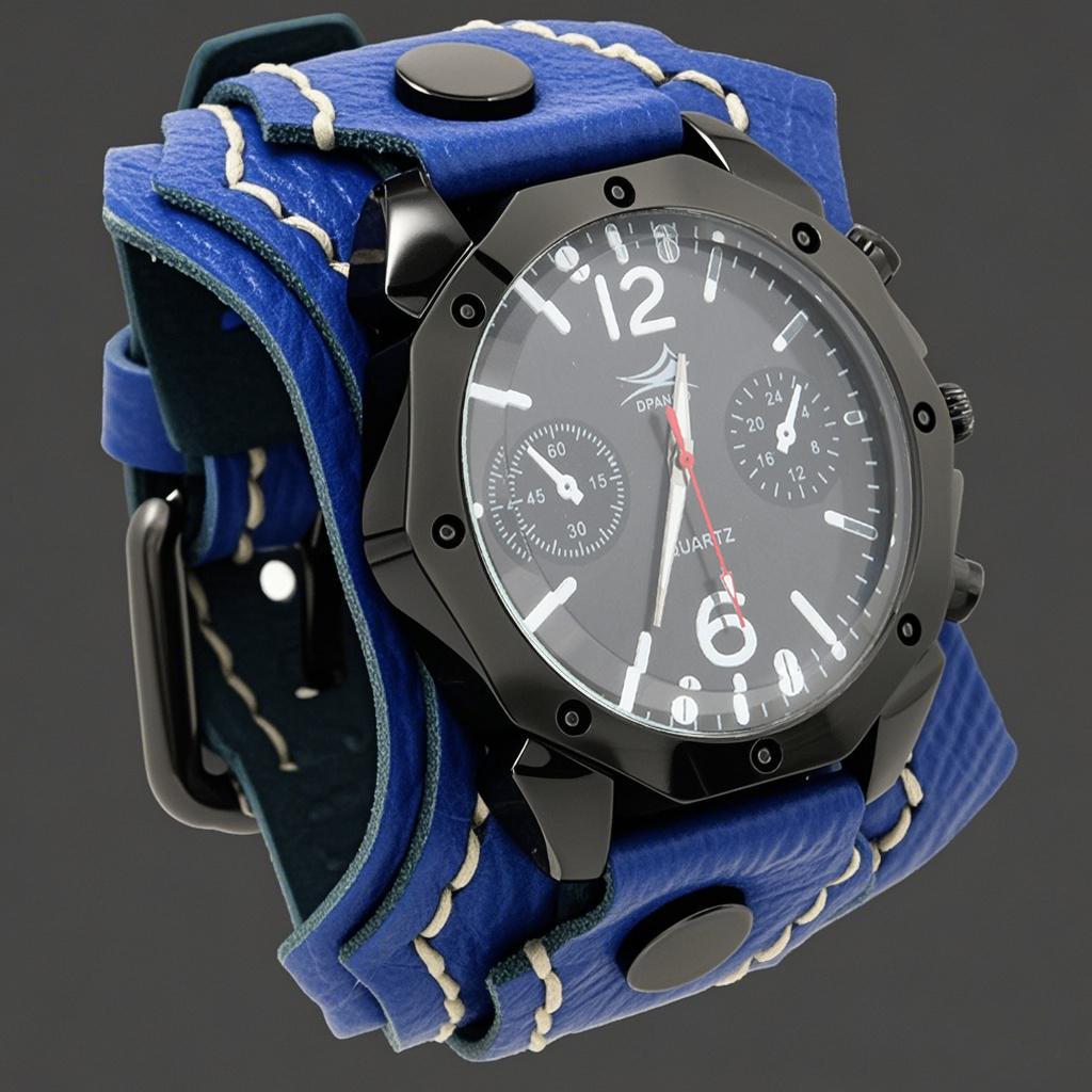 Men'S Punk Rock Style Large Dial Quartz Watch Vintage Multi Layer Hand Stitched Cowhide Strap
