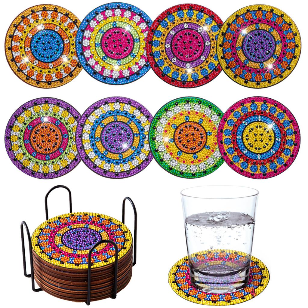 6pcs/8pcs Diy  Coasters With Holder Round Mandala Coasters  Kits Accessories