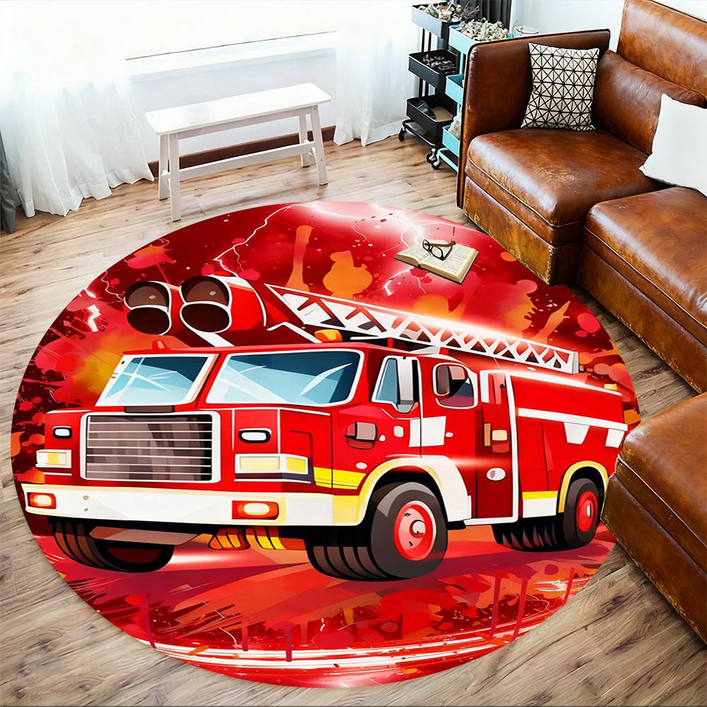 1PC Firetruck Lightning Round Chair Mat Area Rug - Non-Slip, Floor Mat for Office, Bedroom, and Indoor Decor -Gift D1127203