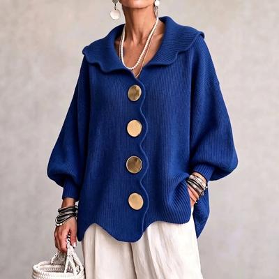Cardigan lavorato a maglia tinta unita da donna con colletto a V e chiusura a bottoni ondulata, maniche a lanterna, vestibilità ampia