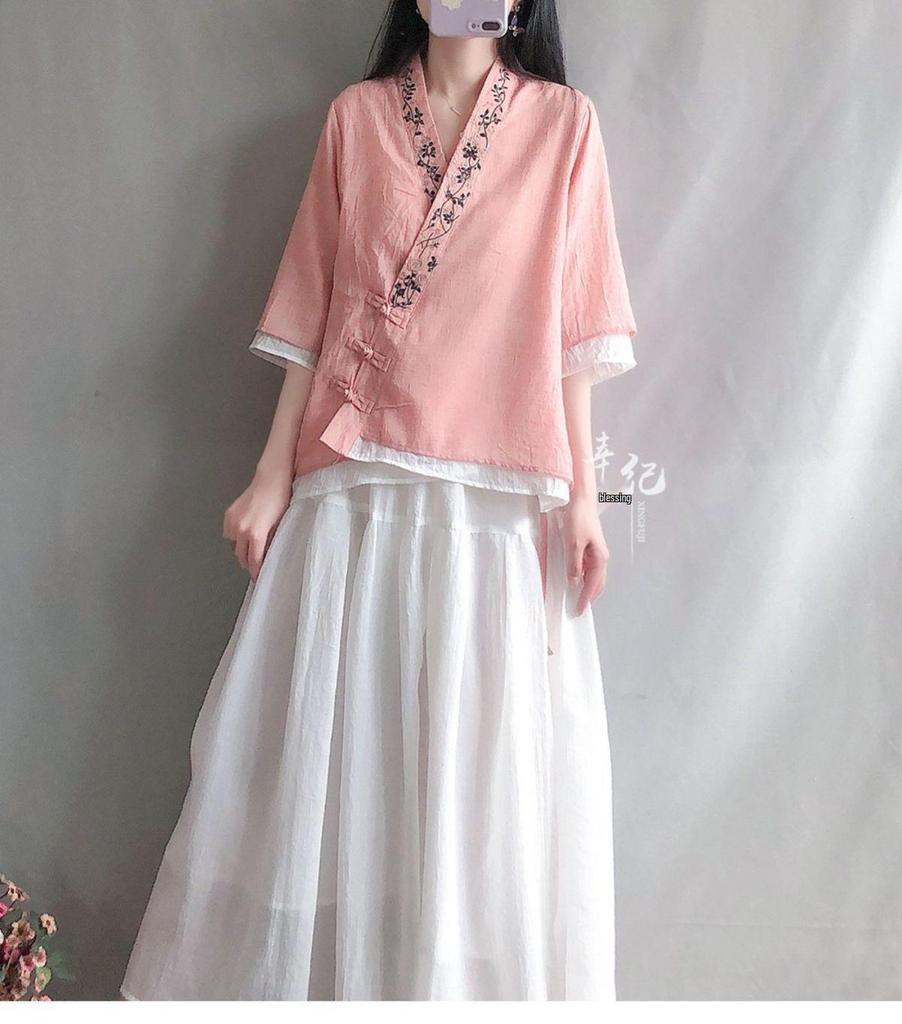 Women's Retro Cotton Linen Frog Button Top - Summer Chinese Tea Ceremony Style with Oblique Lapel and Five-Point Sleeves