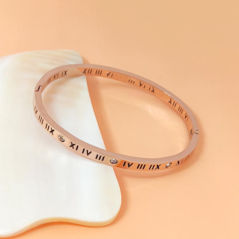 Roman Numeral Rhinestone Bangle Titanium Steel Fade Resistant Bracelet for Women Minimalist Luxe Gift for Friends