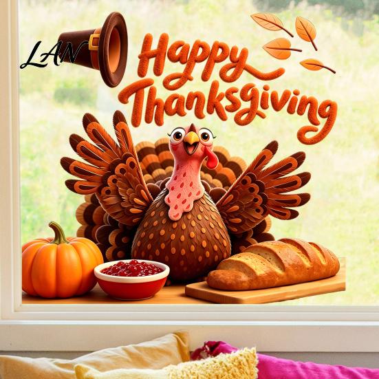 Easy Apply Window Paster Autumn Thanksgiving Turkey Static Sticker, Decorative Removable PVC Decals, Harvest Festival Art Theme Wall Clings for Indoor