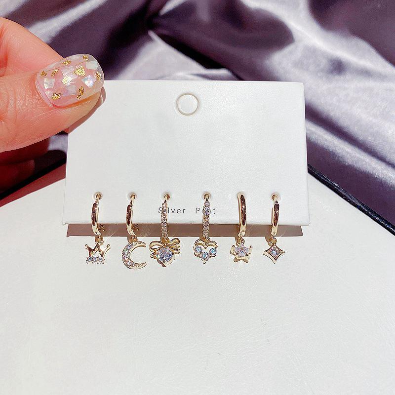 

ANENJERY Набор серег-кольцев для женщин с геометрическим рисунком Луны и звезд в форме сердца, комплект из 6 серег, летние украшения