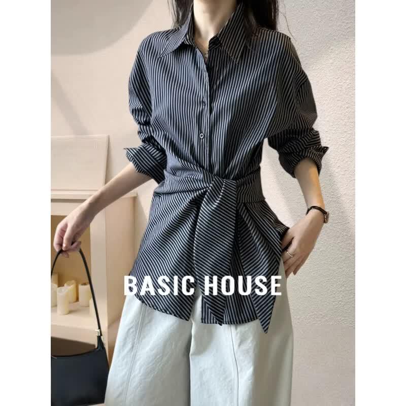 Basic House Striped Tie-Waist Long Sleeve Shirt L черной полосы
