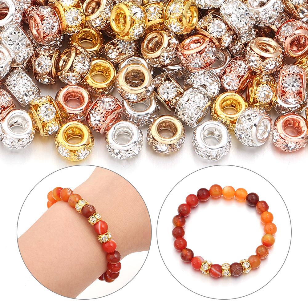 10pcs/lot Brass Rhinestone Metal Spacer Beads Big Hole Crystal Loose Beads For Jewelry Making DIY Necklace Bracelet Accessories