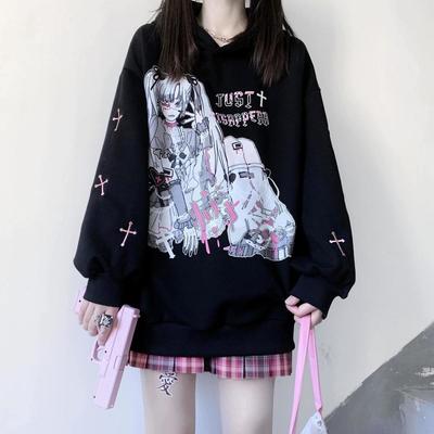 Gothic Harajuku Anime Hoodies Vrouwen Fleece Goth Japanse Streetwear Cartoon Print Hoody Zwart Tops Herfst Winter Y2k