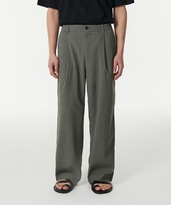 Crinkle One-Pleat Wide Elastic Pants [Khaki Gray]