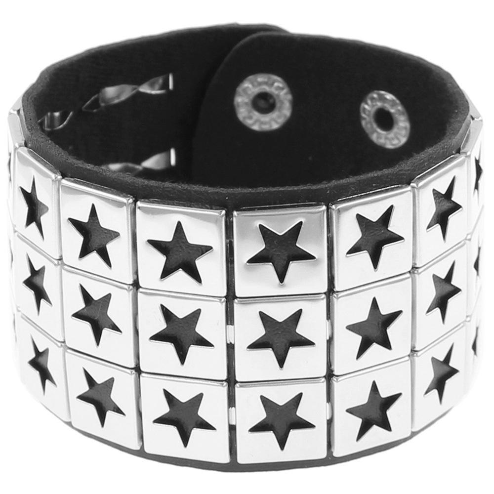 Star Skull Punk Gothic Rock Chains Stud Bracelet Spikes Rivet Pu Leather Wristband Bangle Wide Cuff Bracelet Women Men Jewelry