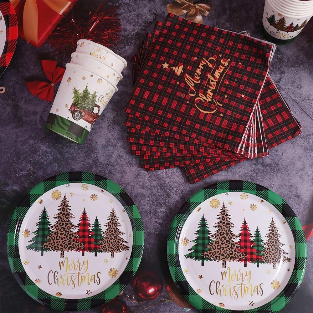 Plaid Print Christmas Disposable Tableware Set Serves 24 Disposable Paper Tableware  New Year