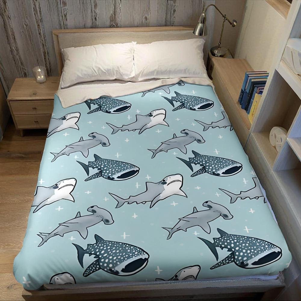 Cartoon Shark School Flannel Blanket Warm Soft Halloween Christmas Couch Warm Cozy Decorative Decor Gift For All Season